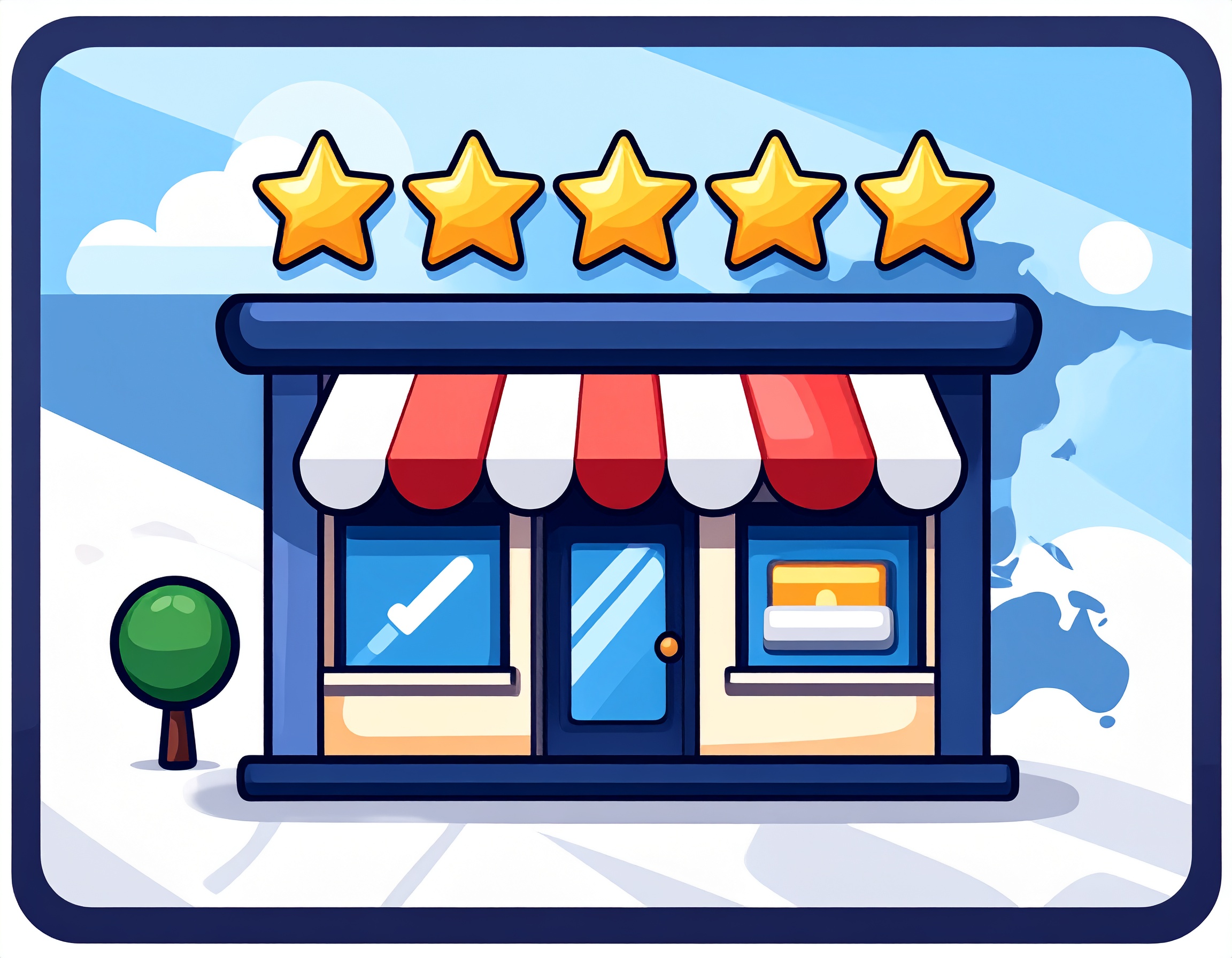 Image d'une boutique sur un plan google maps avec 5 étoiles au dessus