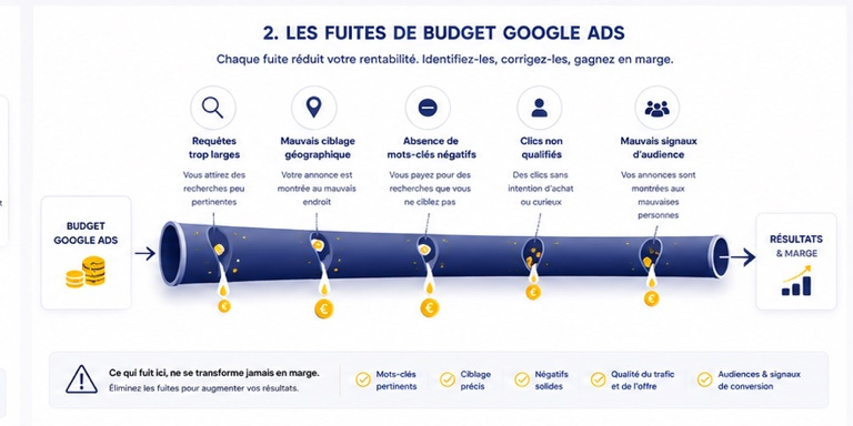 Illustration des principales fuites de budget Google Ads liées au ciblage