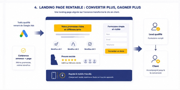 Illustration d'une landing page Google Ads optimisée pour la conversion